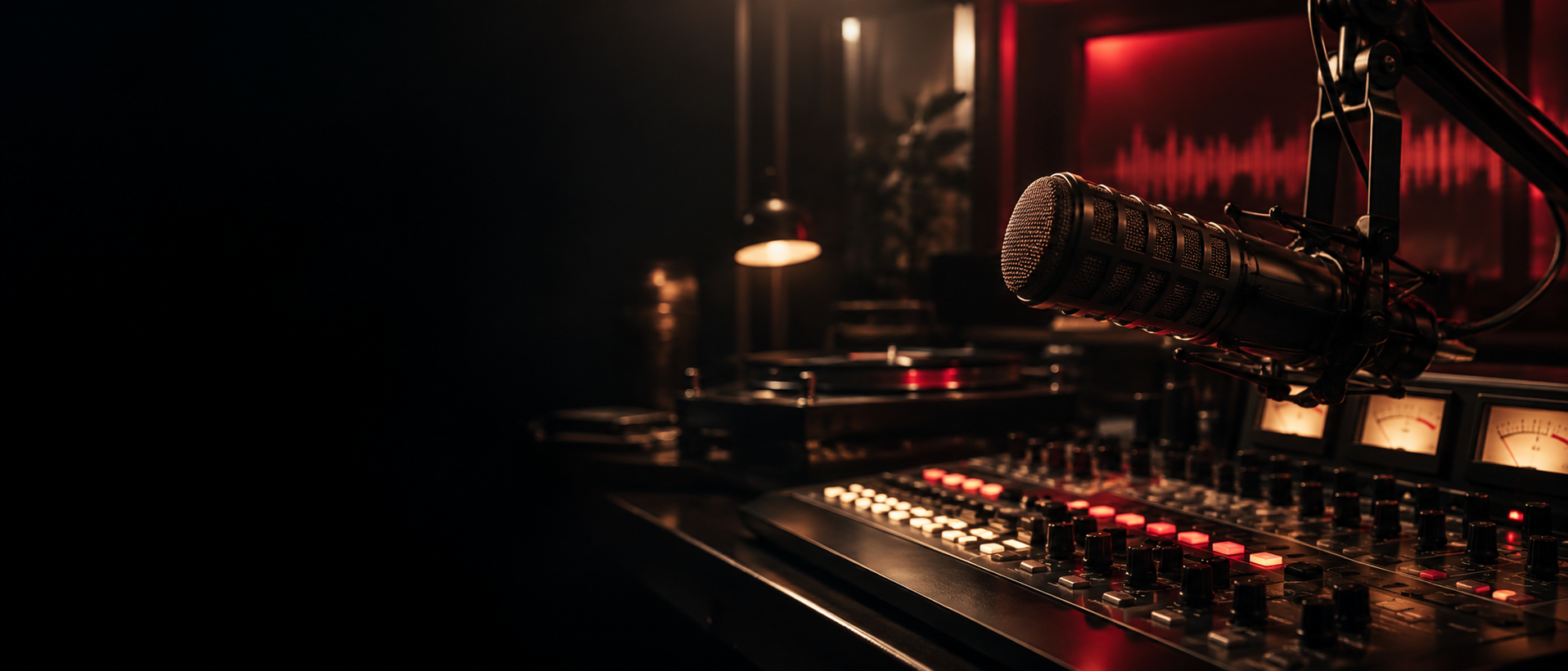 A warmly lit broadcast microphone and analog radio console